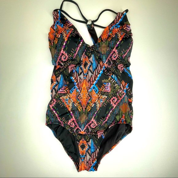 NEW Time and Tru Ethnic Wave One Piece Swimsuit Racerback S - Picture 3 of 15